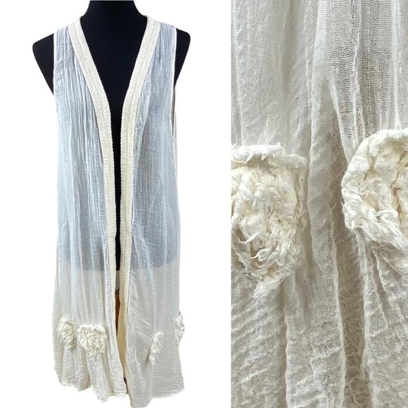 Kai Moon Boho Duster Vest Size M Cream Cotton Gauze Art to Wear Flowers - Picture 1 of 8